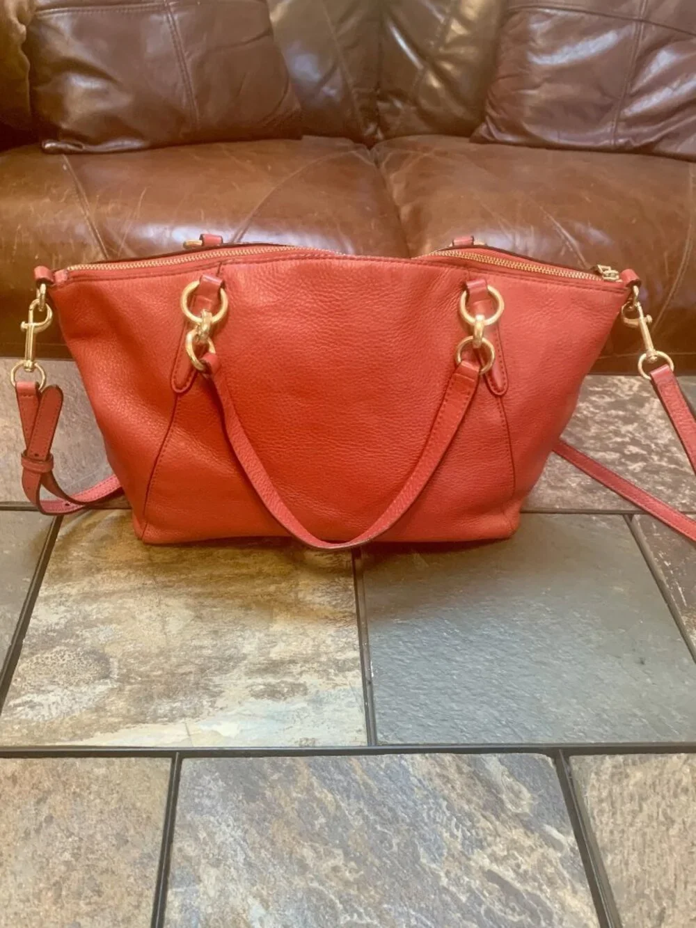 COACH Kelsey Pebbled Red Leather Satchel Crossbody Bag